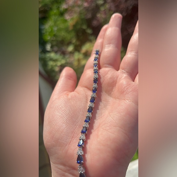 ZALES | Pear-Shaped Blue and White Sapphire Trios Bracelet in Sterling Silver - Picture 6 of 8